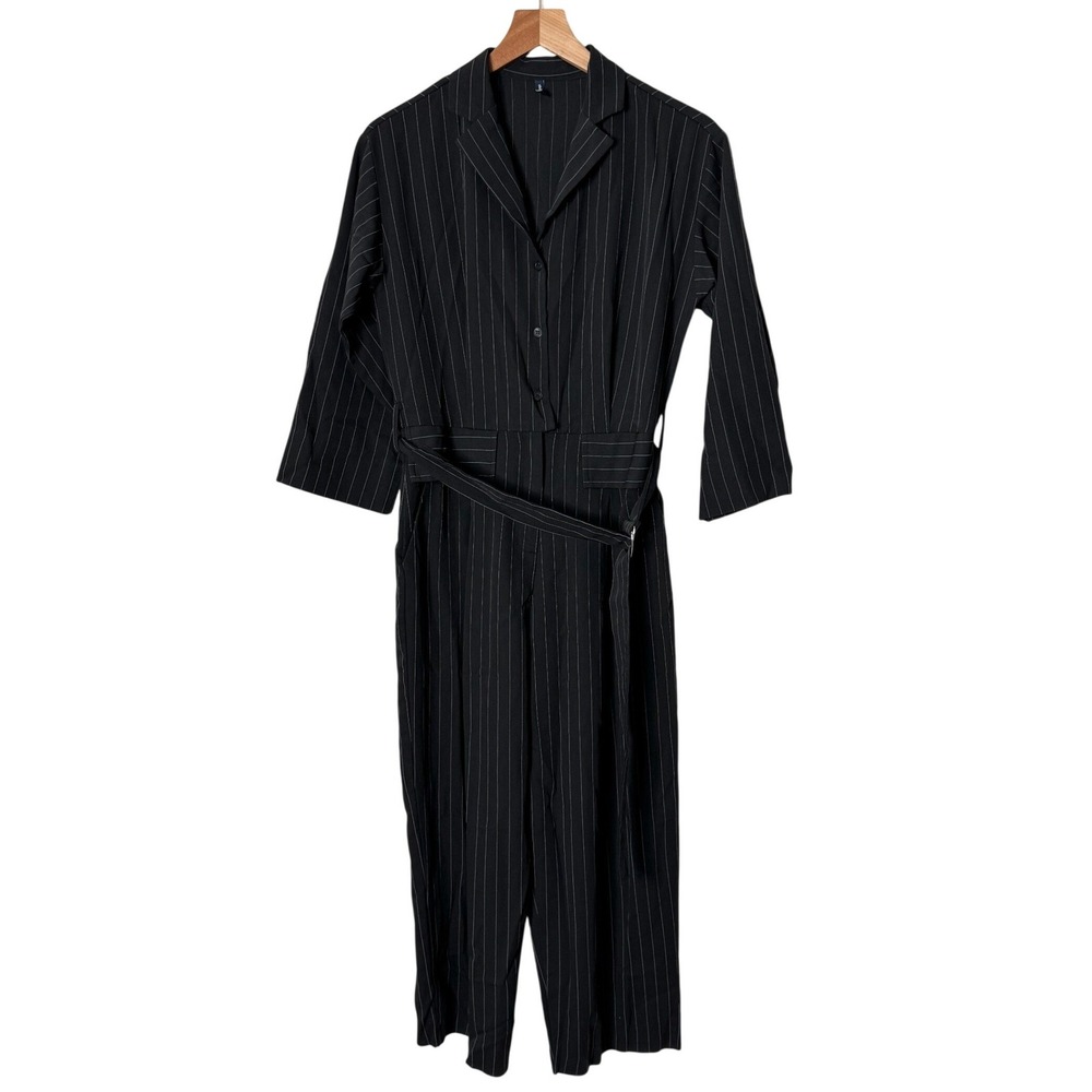 Bishop Soft Black Gray Pinstripe Belted Cropped Wide Leg Jumpsuit Womens Medium